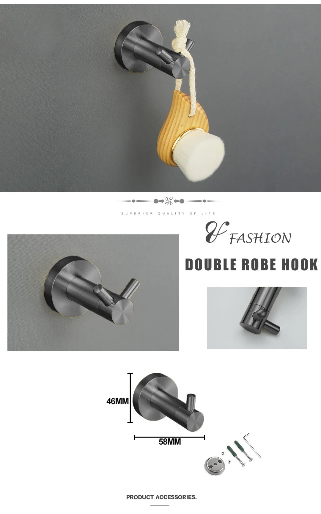 Grey Bathroom Hardware Kit Stainless Steel Round Wall