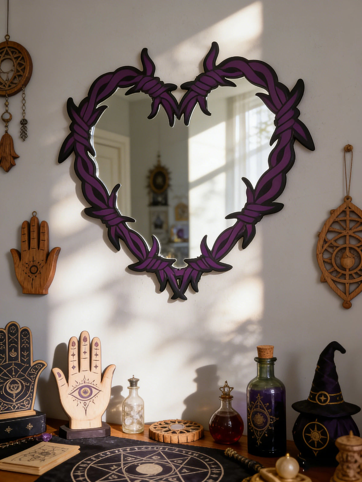 Purple Gothic Barbed Wire Heart Wall Mirror Witchy