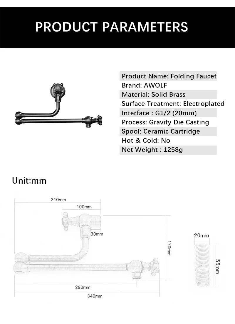Awolf Solid Brass Pot Filler Brushed Grey Folding