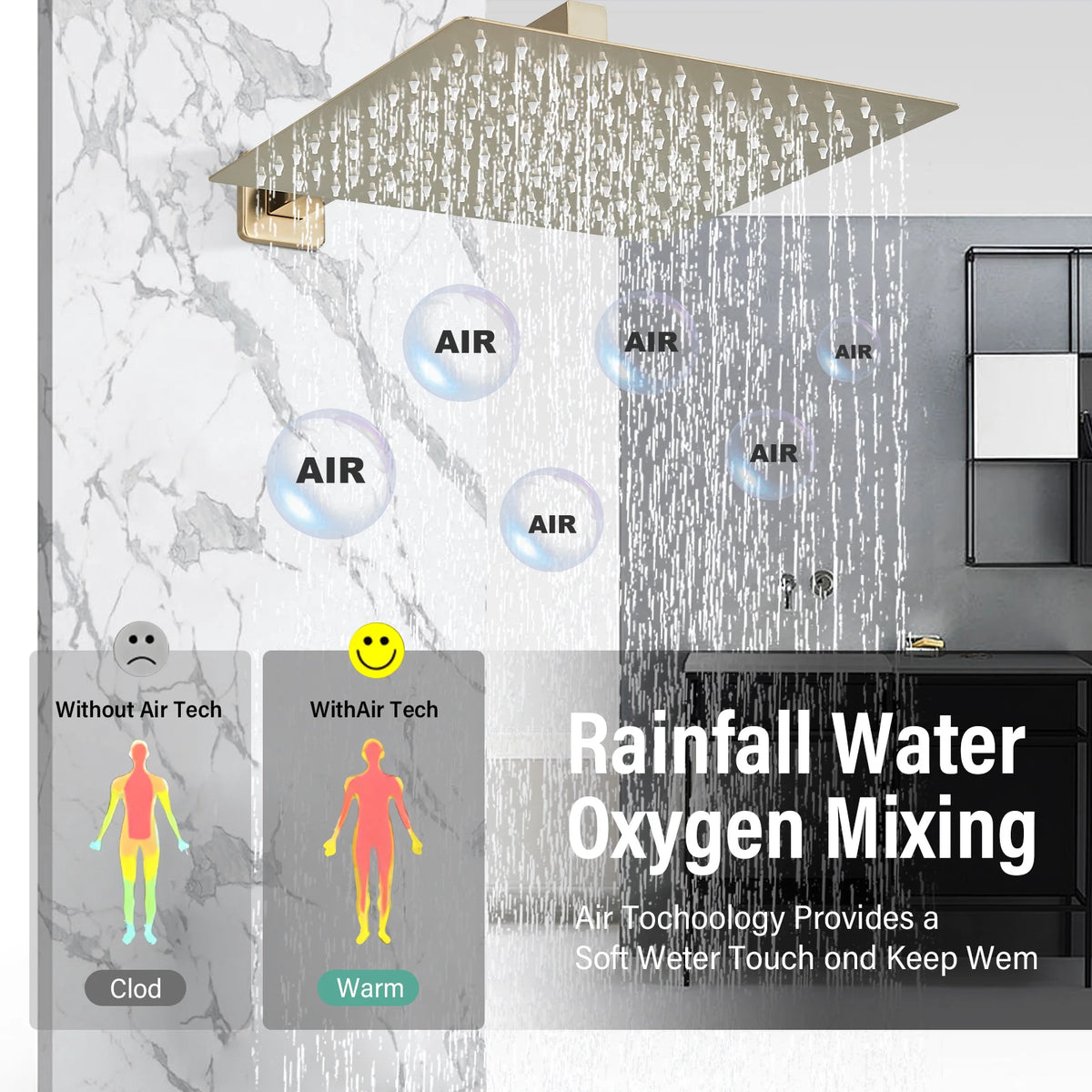 Brushed Gold Bathroom Shower Faucet 2/3 Way Rainfall