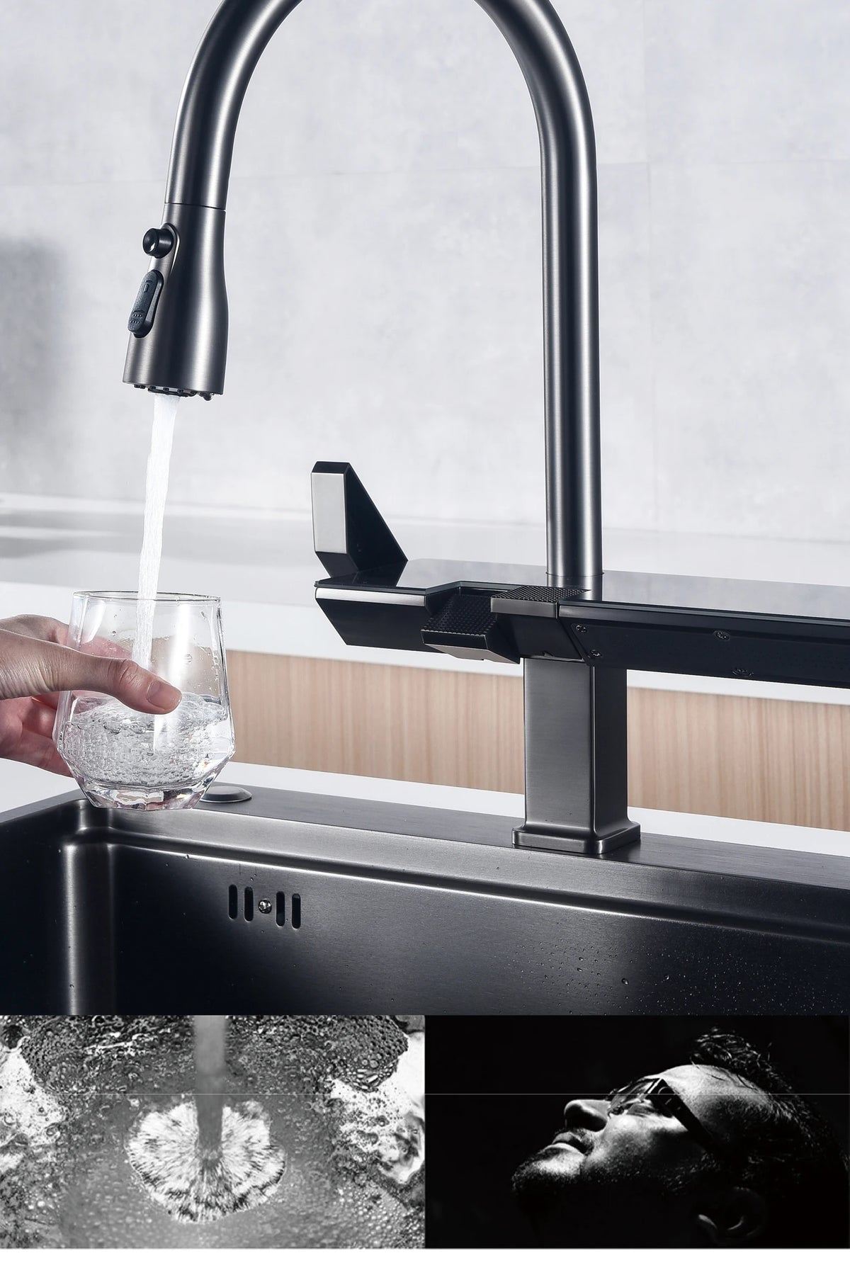 Luxury Digital Display Brass Grey Faucet Pull-Out Design