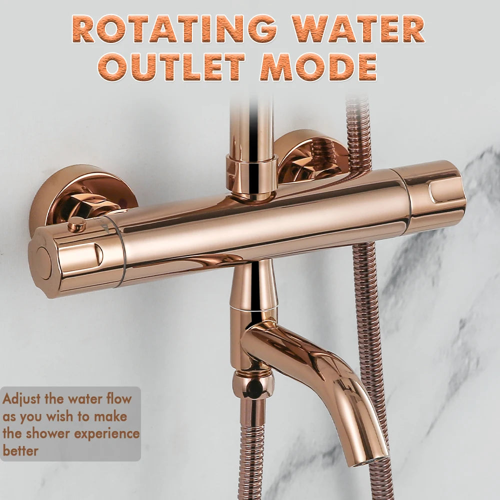 Brushed Rose Gold Thermostatic Exposed Shower System Rainfall