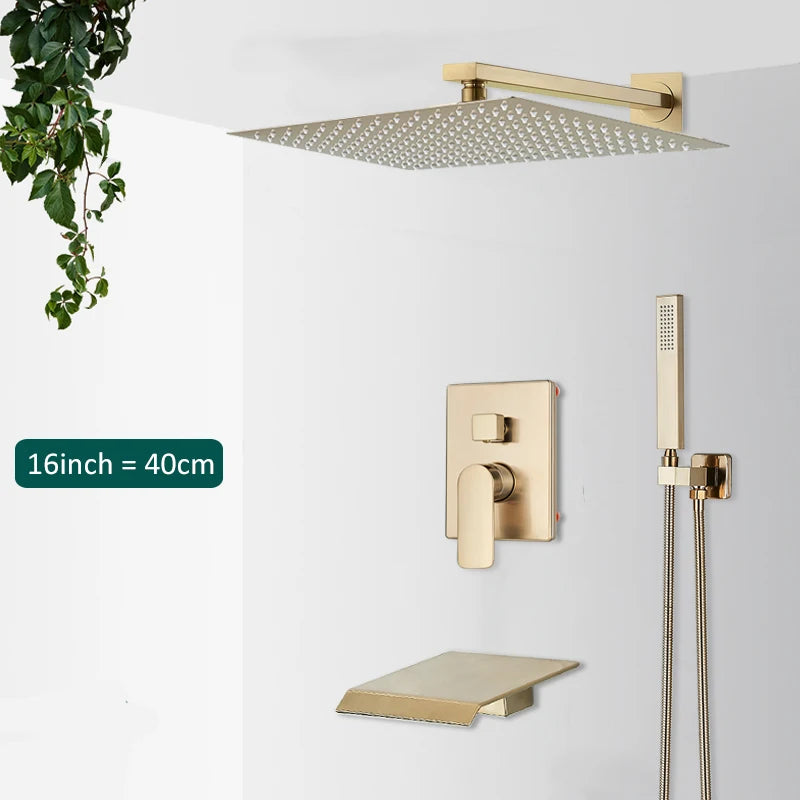 Quyanre Brushed Gold Shower Faucets Bathroom Wall Mounted