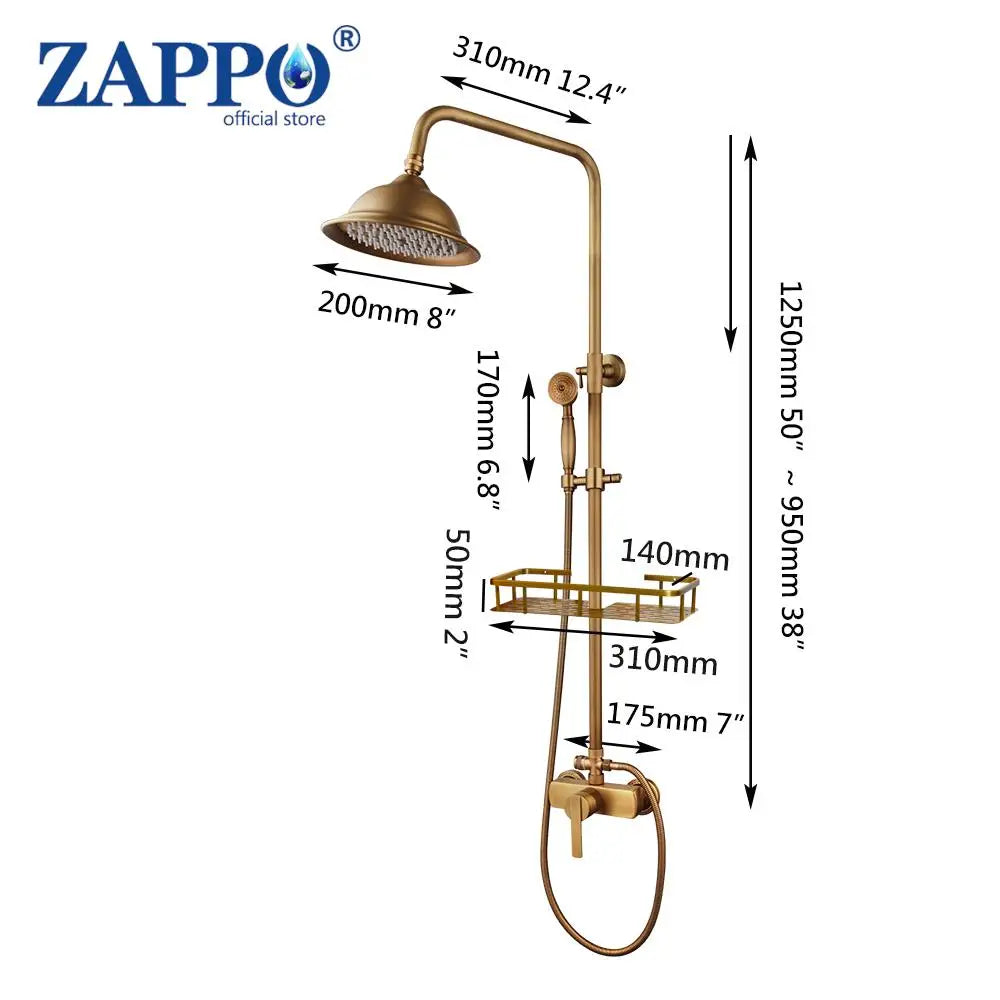 Zappo Antique Brass Shower Systerm Flexible Retro Brass