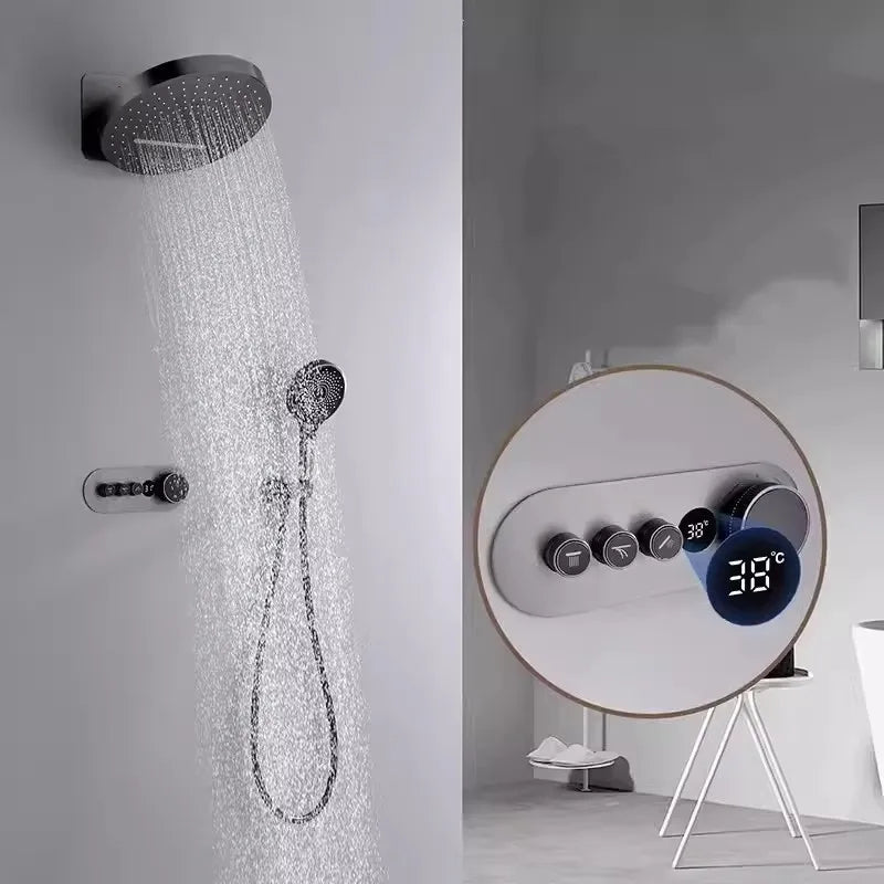 Rainfall Shower Wall Mounted Gray Thermostatic Shower Faucet