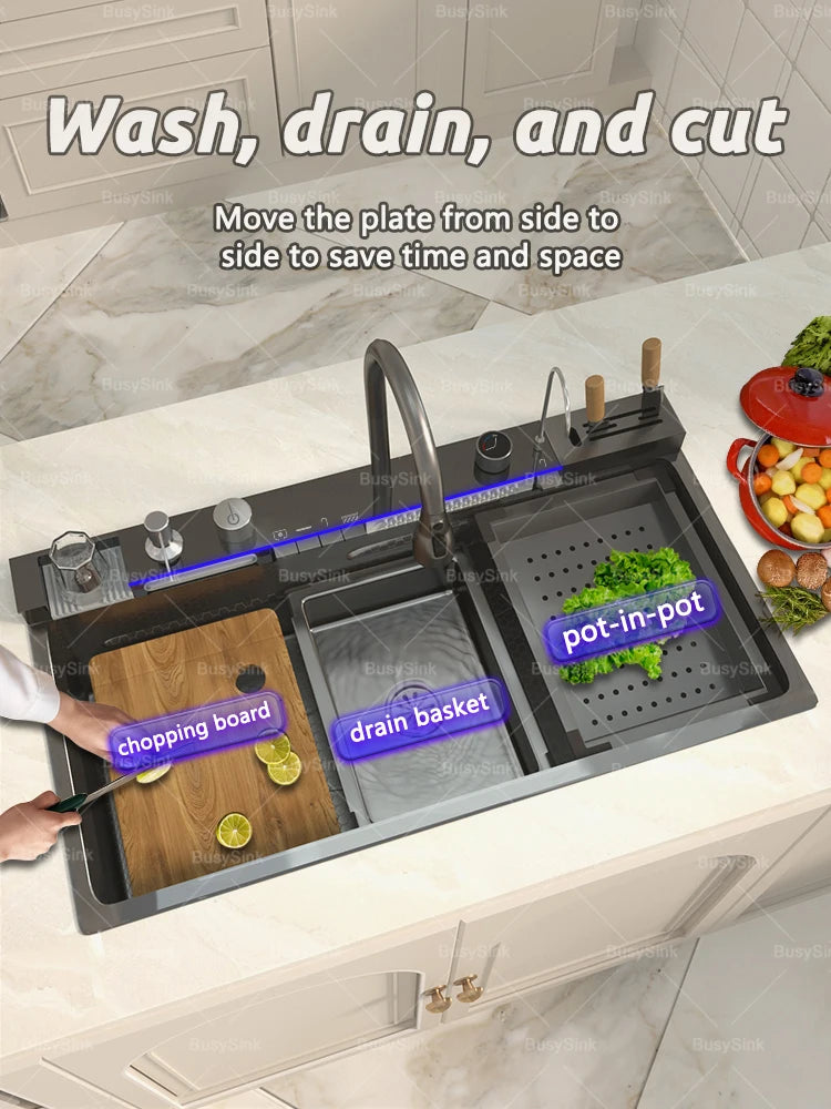 Stainless Steel Waterfall Sink Extra Large Bowl Digital