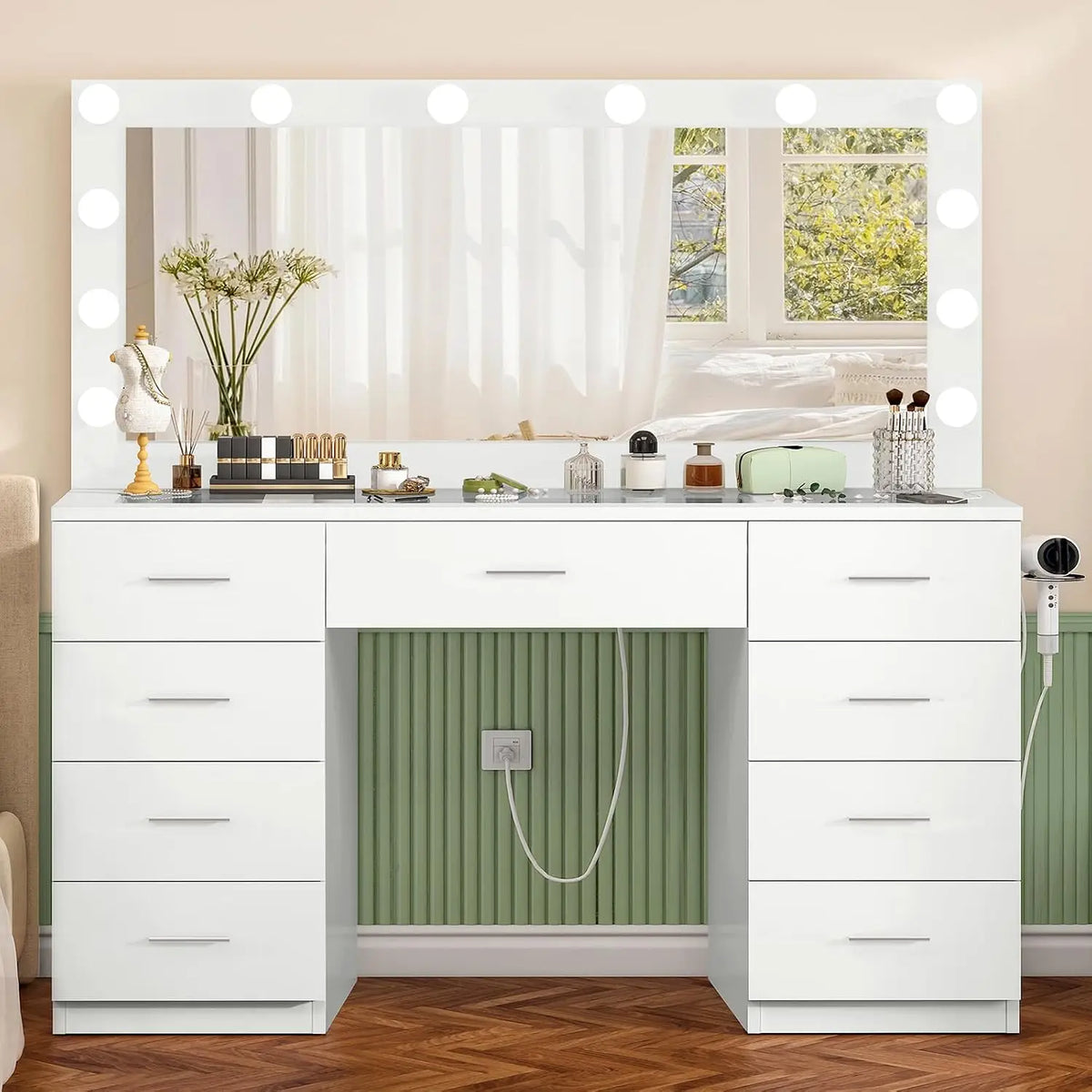 46 Vanity Desk Glass Top & Lights Mirror
