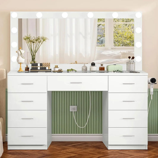 46 Vanity Desk Glass Top & Lights Mirror