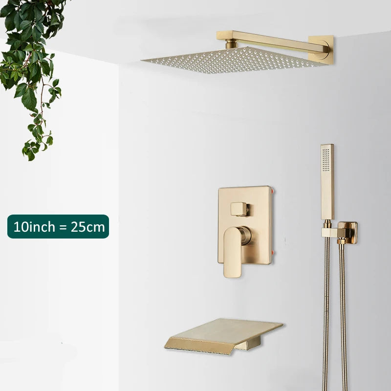 Quyanre Brushed Gold Shower Faucets Bathroom Wall Mounted