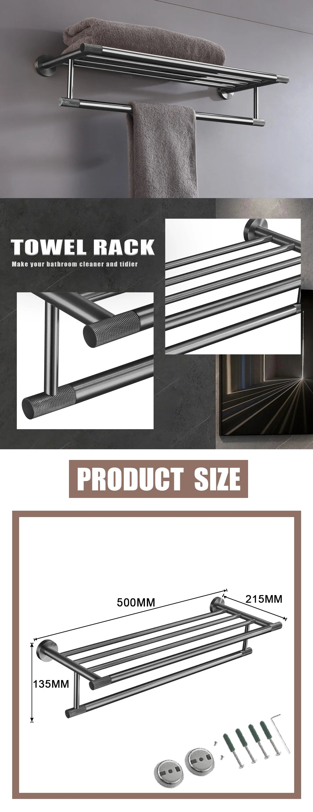Grey Bathroom Hardware Kit Stainless Steel Round Wall