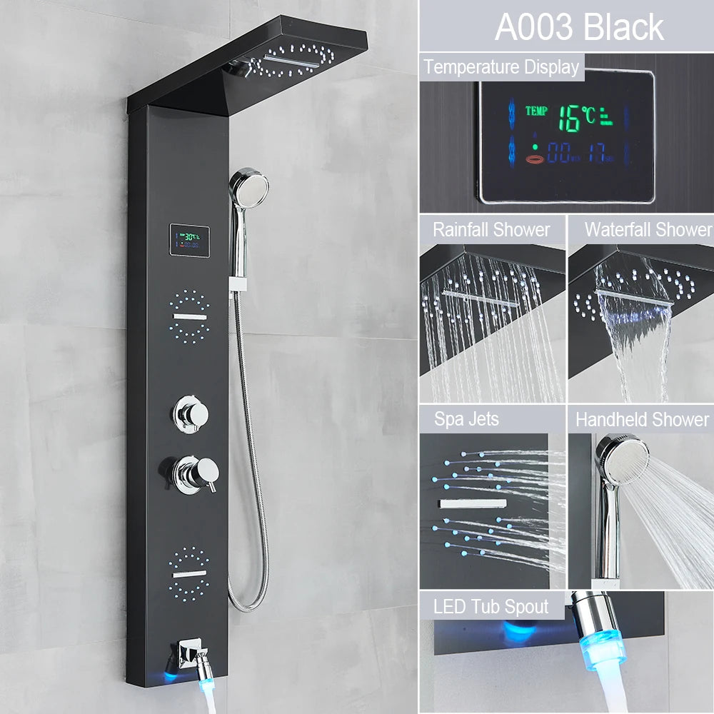Black Led Shower Panel Column Shower Faucet Bathtub