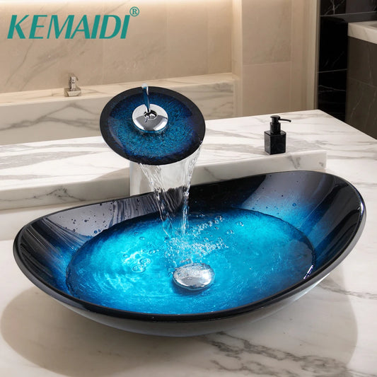 Kemaidi Oval Blue Bathroom Vessel Sinks Faucet Vessel
