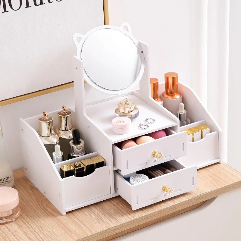 Desktop Drawer-Type Vanity Mirror Storage Box Round Makeup