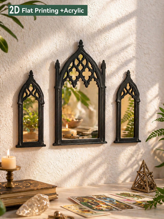 3pcs Black Gothic Cathedral Wall Mirror Ornate Window-Shaped