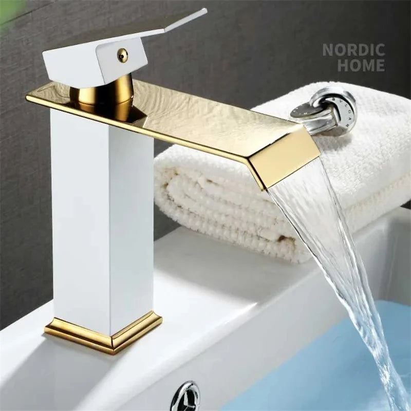 Basin Faucet Gold Black Waterfall Faucet Brass Bathroom