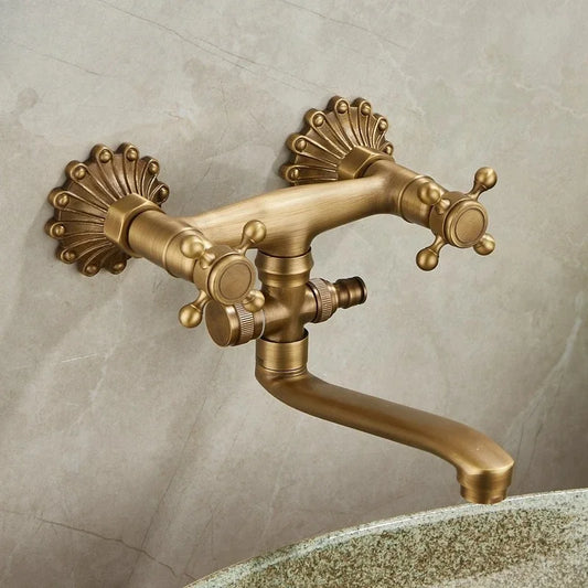 Brass Antique Wall Mounted Washbasin Faucets Double Handle