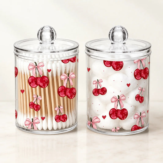 Cherry Print Clear Acrylic Cotton Swab Holder Lid