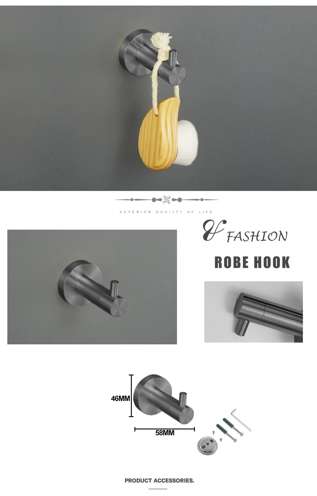 Grey Bathroom Hardware Kit Stainless Steel Round Wall