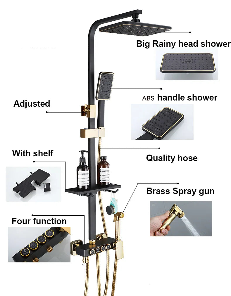 Kemaidi Black Gold Shower Faucet Bathtub 4-Way Mixer