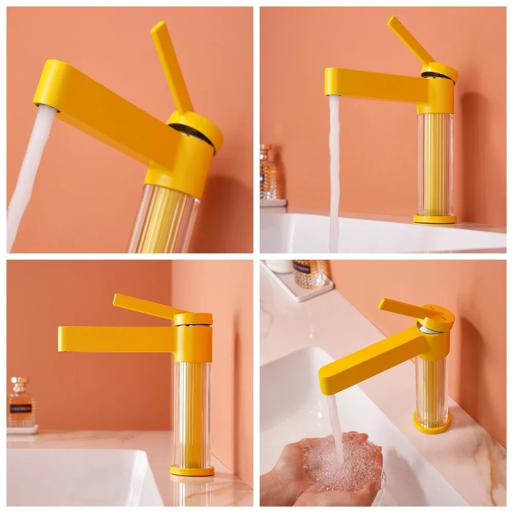 Yellow Bathroom Basin Faucet Acrylic Brass Cold Water