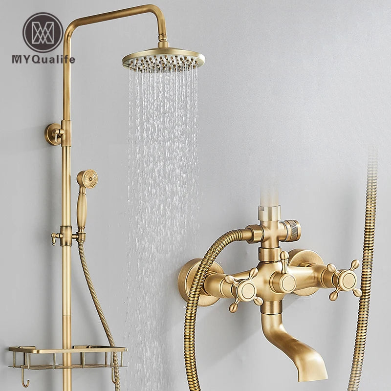 Antique Brass Wall Mounted Bathtub Shower Faucet Dual