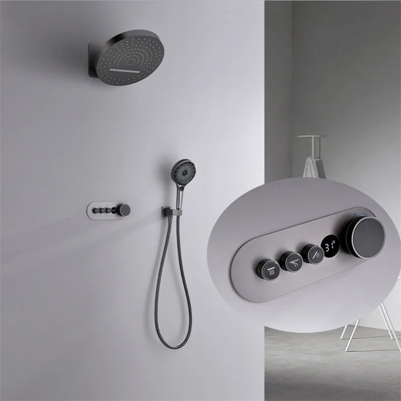 Rainfall Shower Wall Mounted Gray Thermostatic Shower Faucet