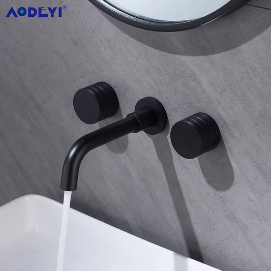 Black Bathroom Faucet Brass Double Lever Wall Mounted