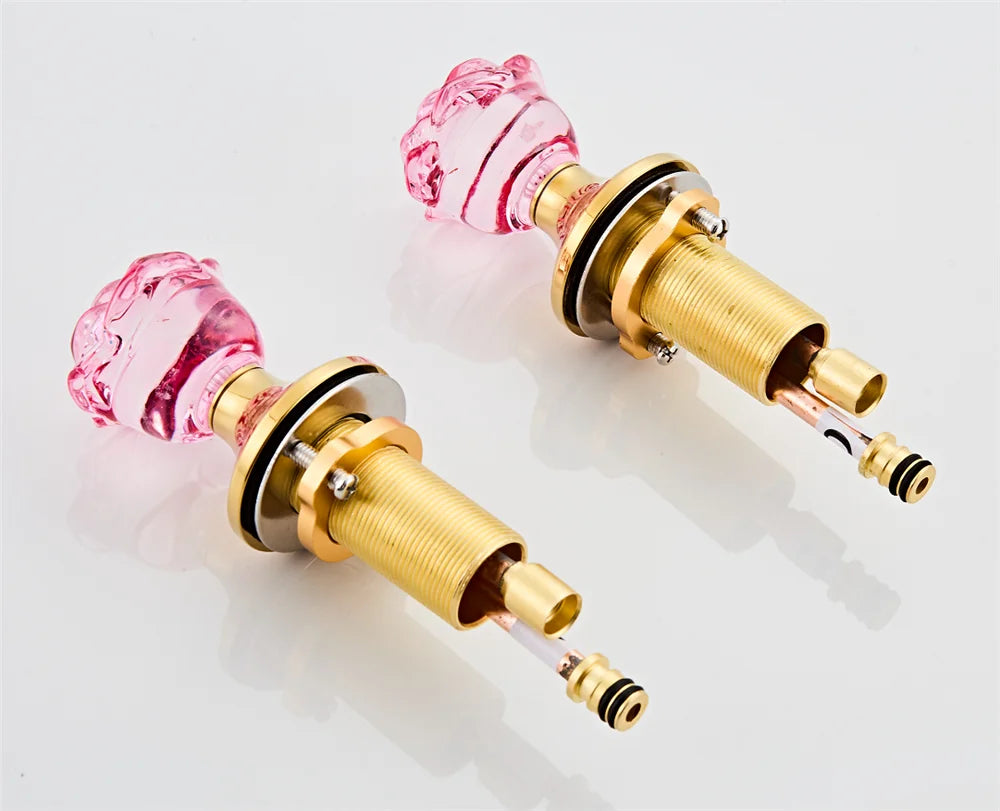 Gold Red Rose Basin Faucet Widespread Sink Tap
