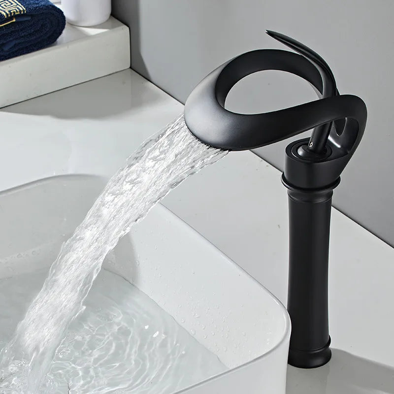Black Bathroom Basin Taps Handle Waterfall Faucet Solid