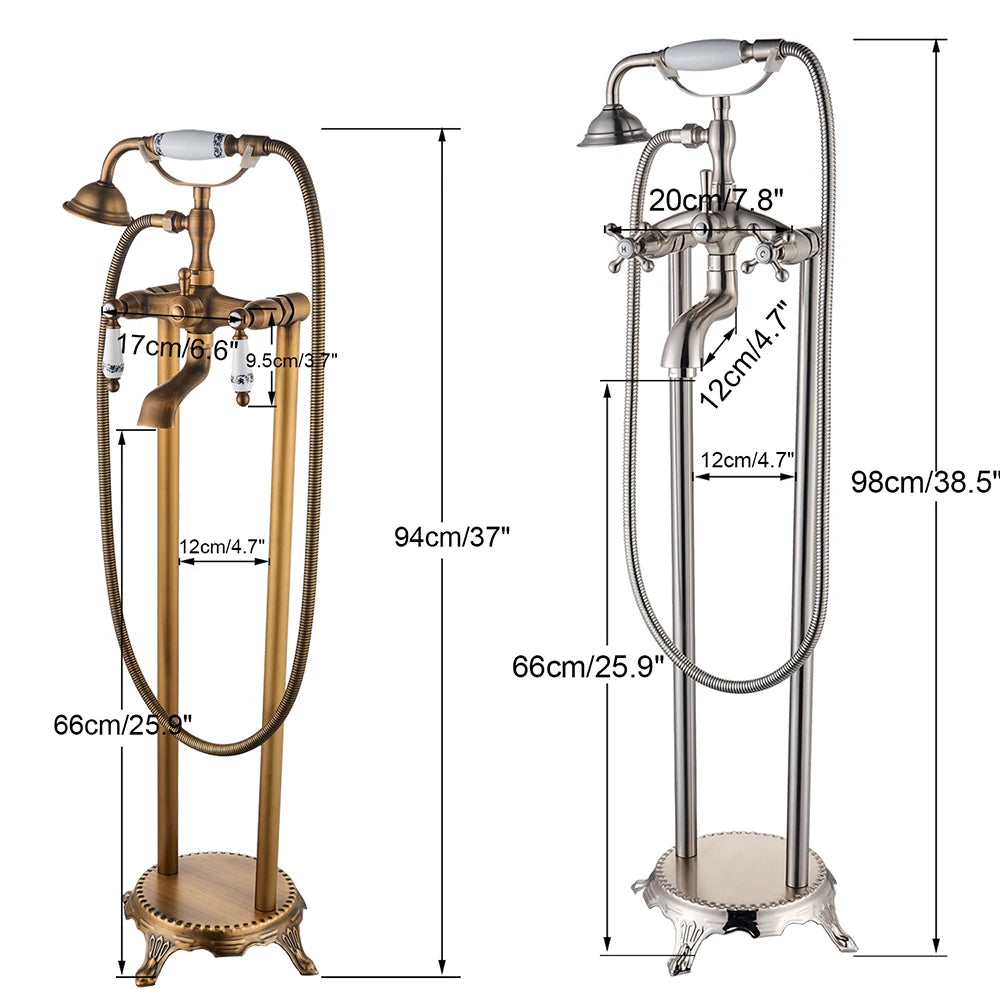 Antique Brass Floor Mounted Bathtub Shower Faucet Dual