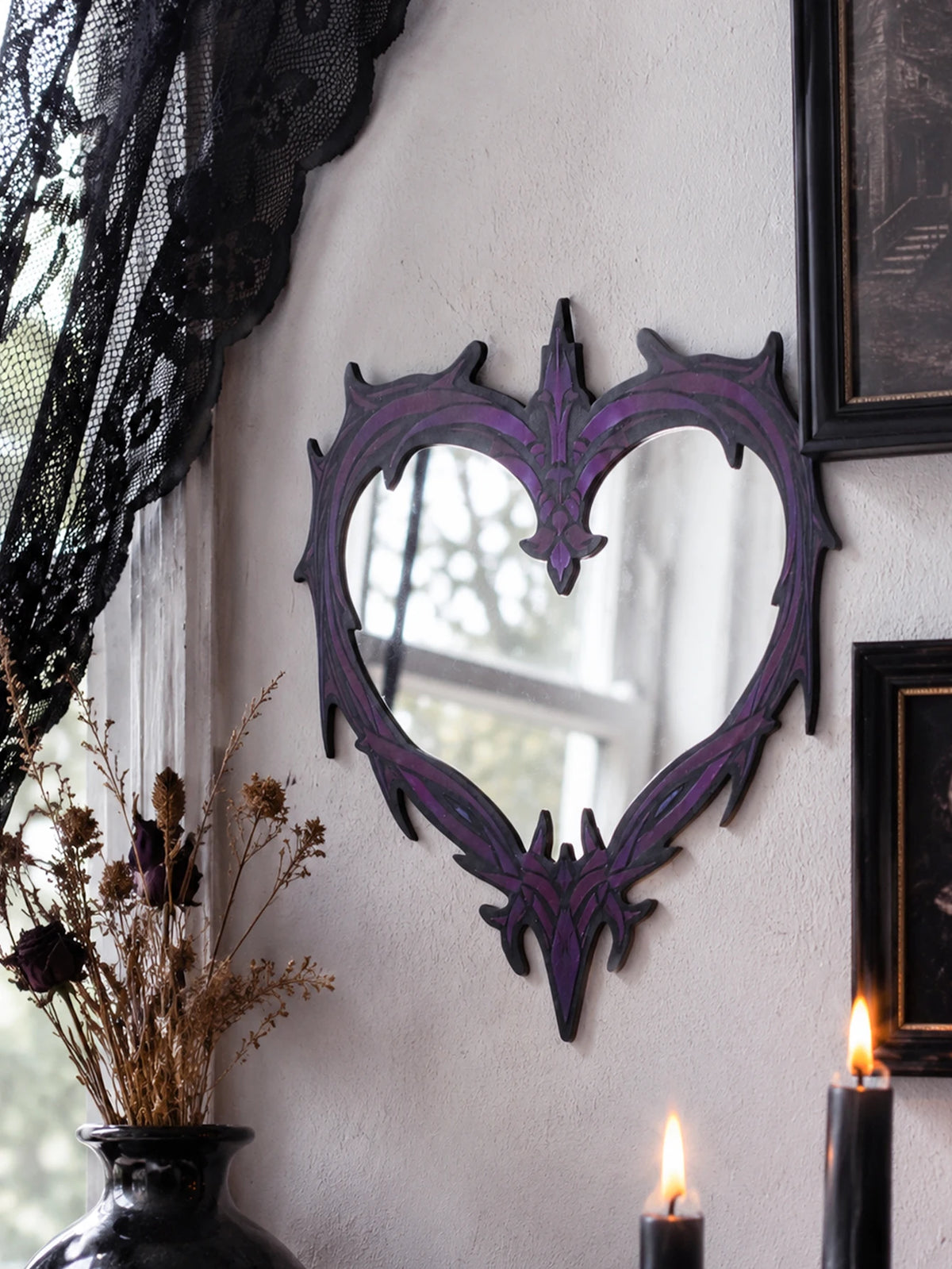 Purple Gothic Barbed Wire Heart Wall Mirror Witchy
