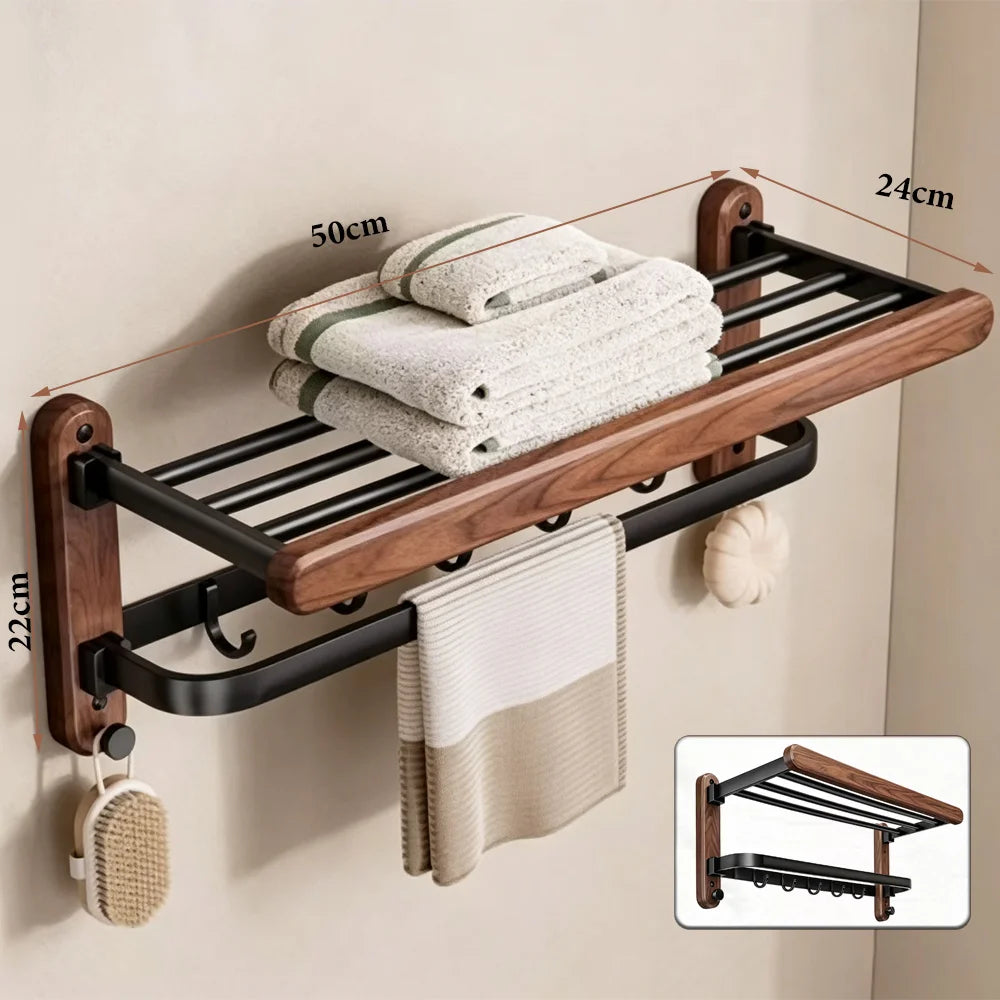 Walnut Wood Bathroom Wall Mounted Towel Rack Shelf
