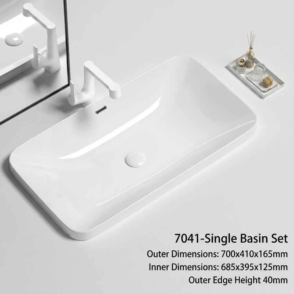 Rectangular Semi Recessed Ceramic Wash Basin Bathroom Countertop