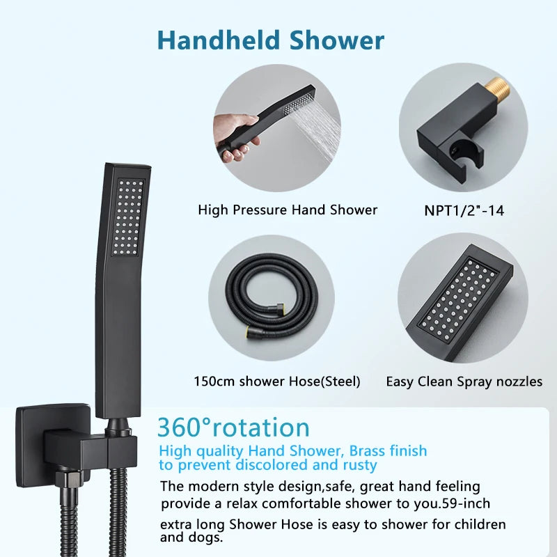 Matte Black Rainfall Shower Faucets Rain Waterfall Concealed