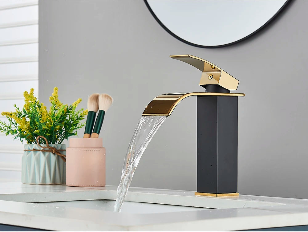 Brushed Golden Basin Faucets Elegant Waterfall Bathroom Sink