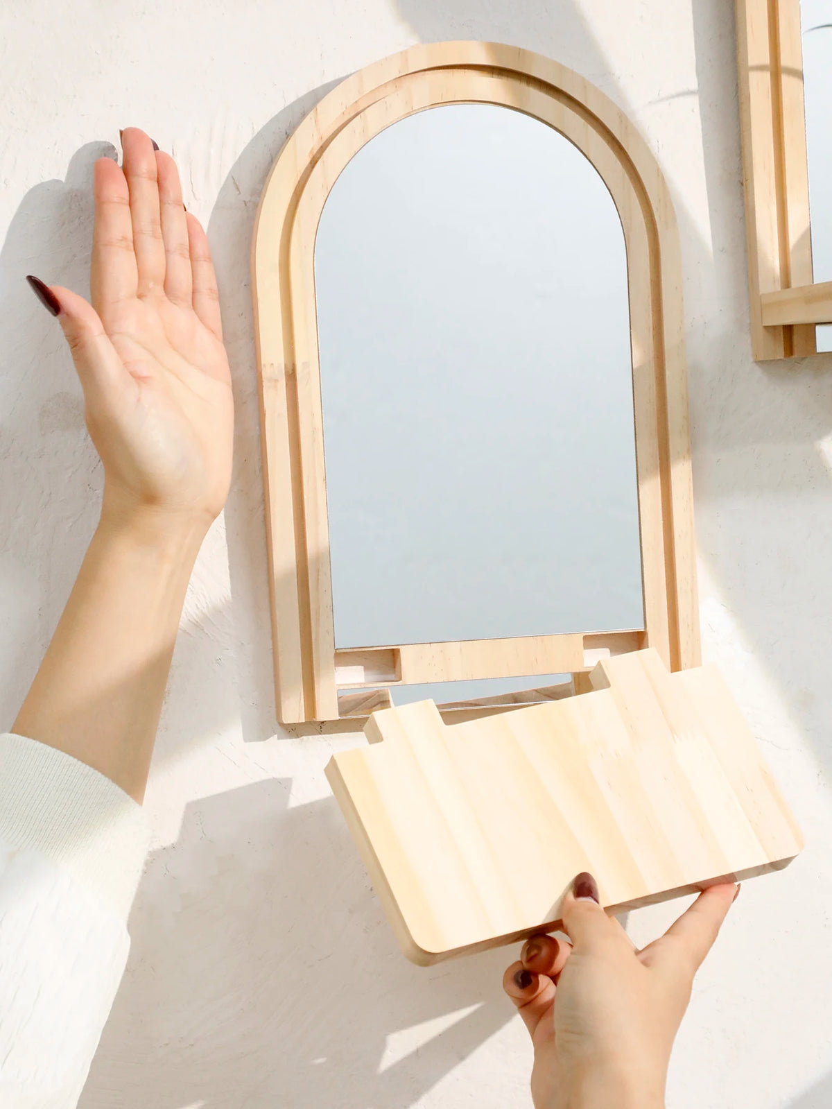 Arched Wall Mirror Shelf Natural Wood Hanging Mirror