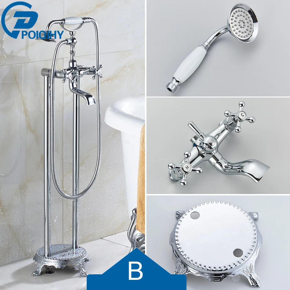 Antique Brass Floor Mounted Bathtub Shower Faucet Dual