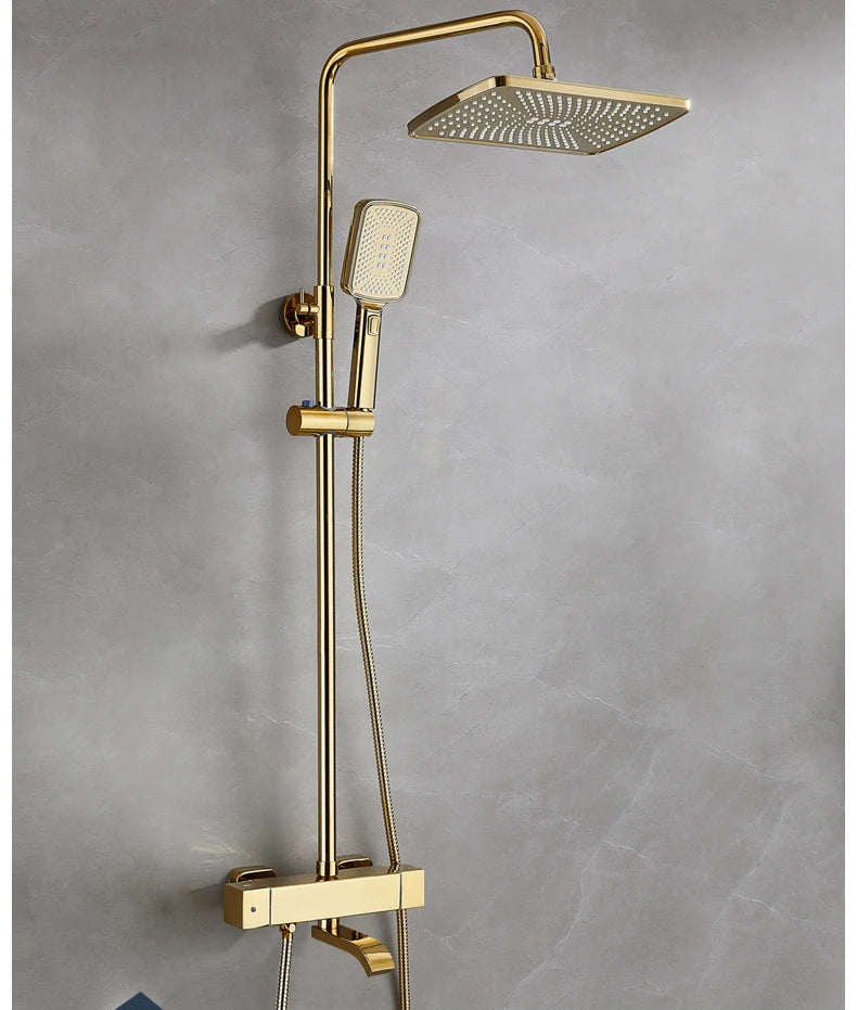 Square Thermostatic Bathroom Shower Quality Brass Cold Gold