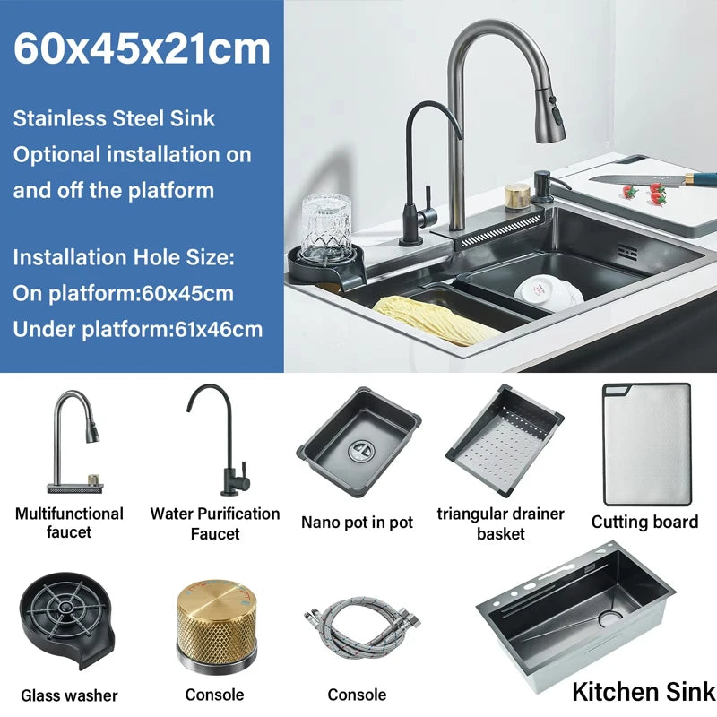 304stainless Steel Sink Faucet Rainfall Spout Pull Out