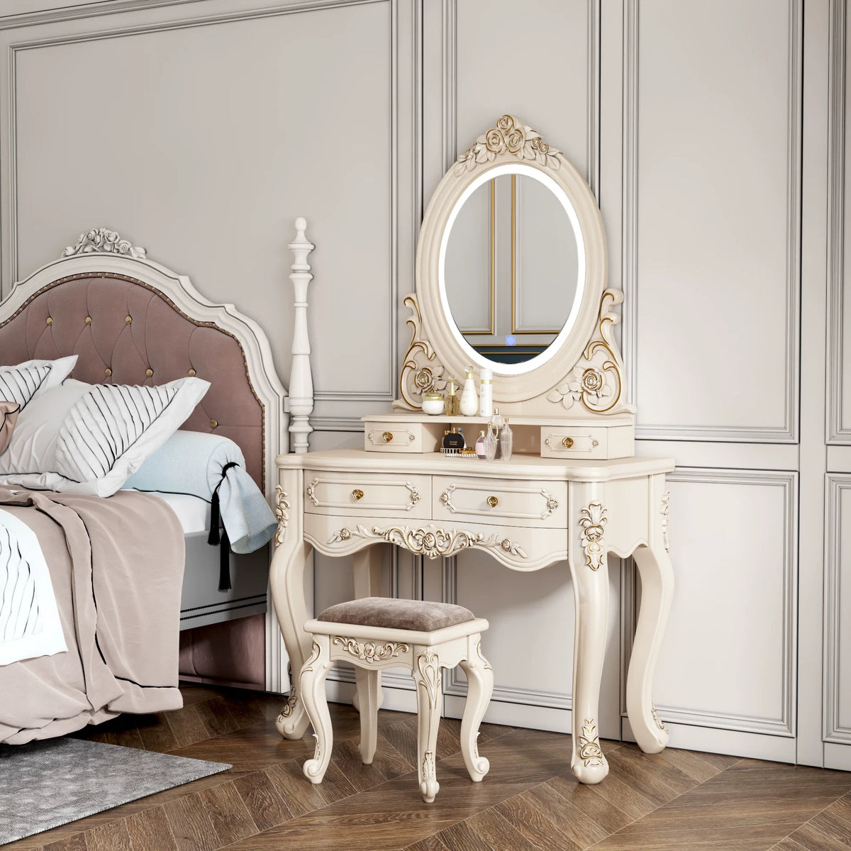 European Dressers Vanity Mirror White Makeup Desk Drawers