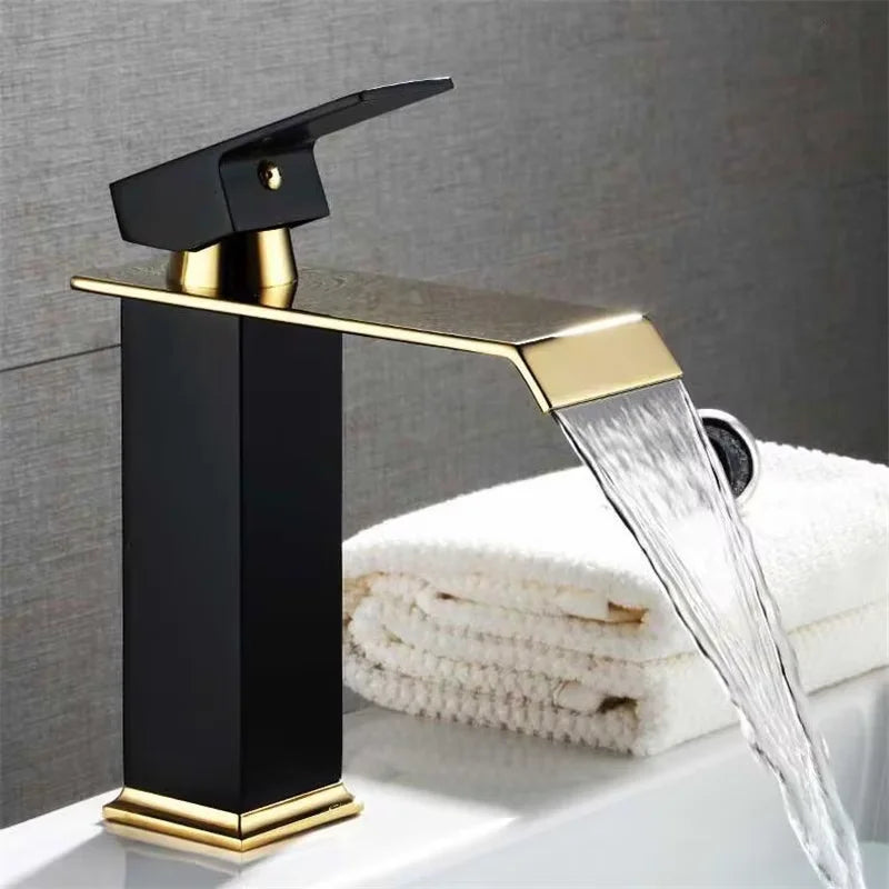 Basin Faucet Gold Black Waterfall Faucet Brass Bathroom