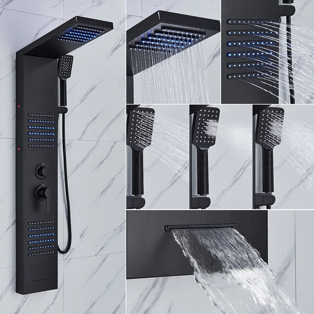 Black/Brushed Bathroom Shower Faucet Led Rainfall Head Shower