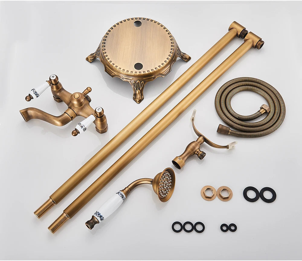 Antique Brass Floor Mounted Bathtub Shower Faucet Dual