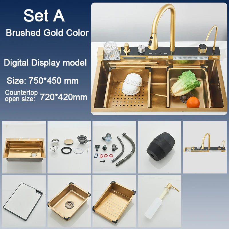 Stainless Steel Sink Faucet Digital Display Large Bowl