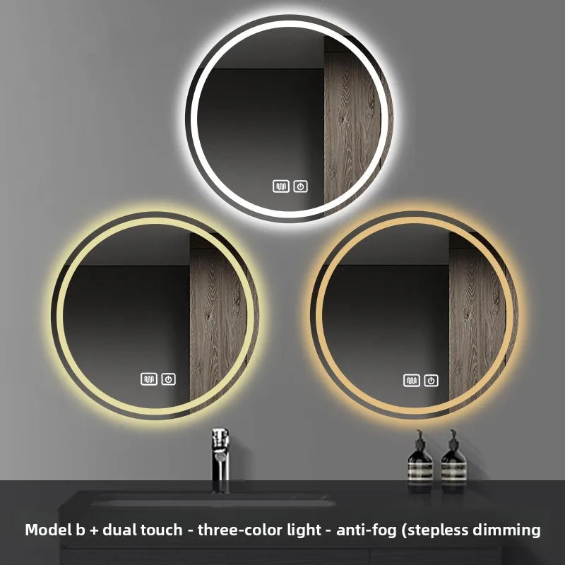 Round Smart Bathroom Mirror Wall-Mounted Led Light Touch