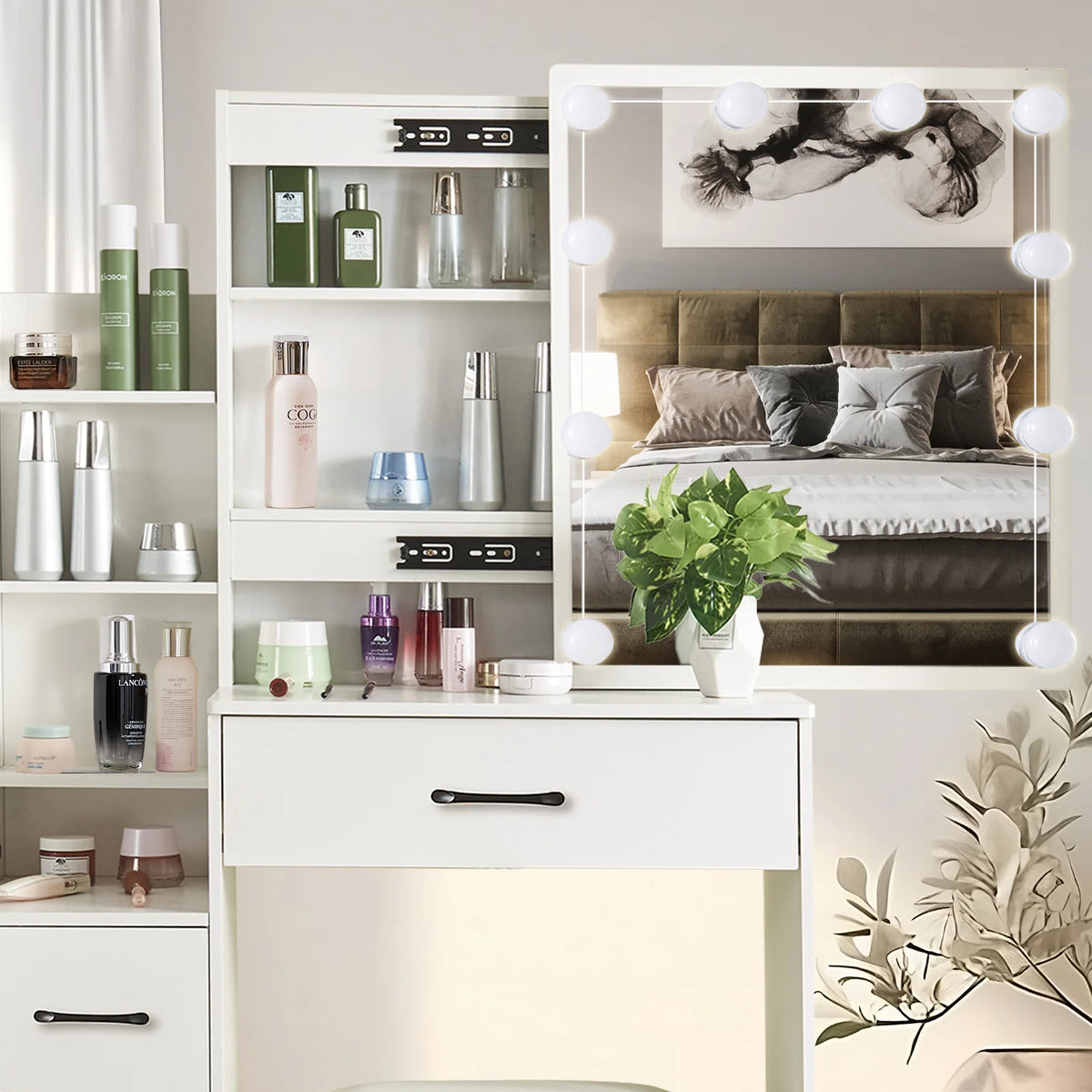 Dressing Table Mirror Led Light Storage Stool Lighting