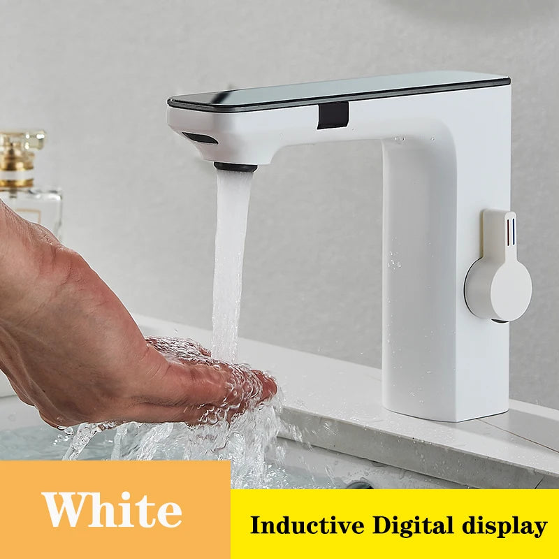 White Touchless Sensor Basin Faucet Smart Digital Display