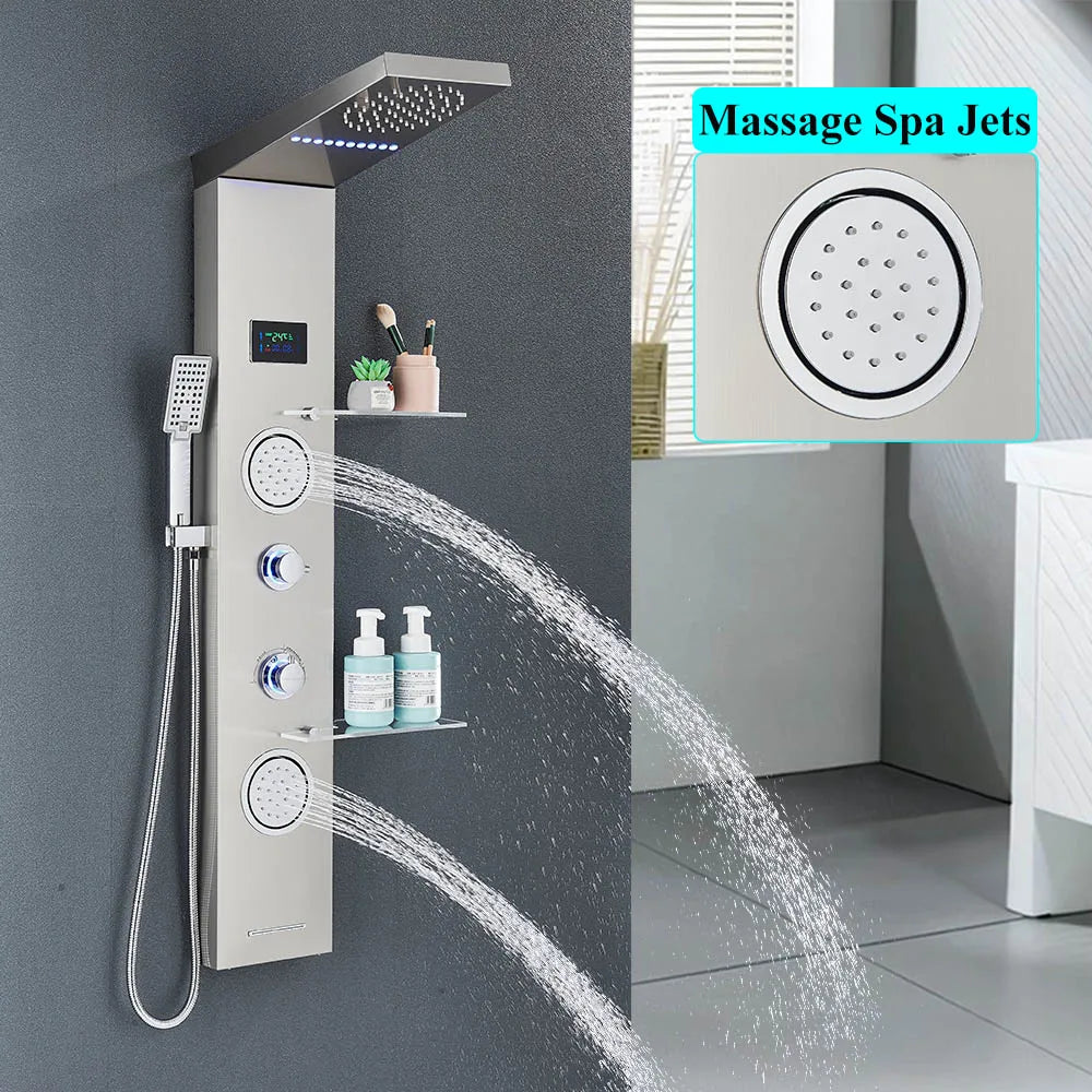 Brushed Nickel Bathroom Led Rainfall Shower Faucet Digital