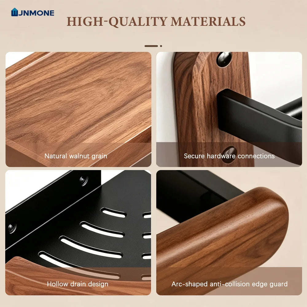 Walnut Wood Bathroom Wall Mounted Towel Rack Shelf