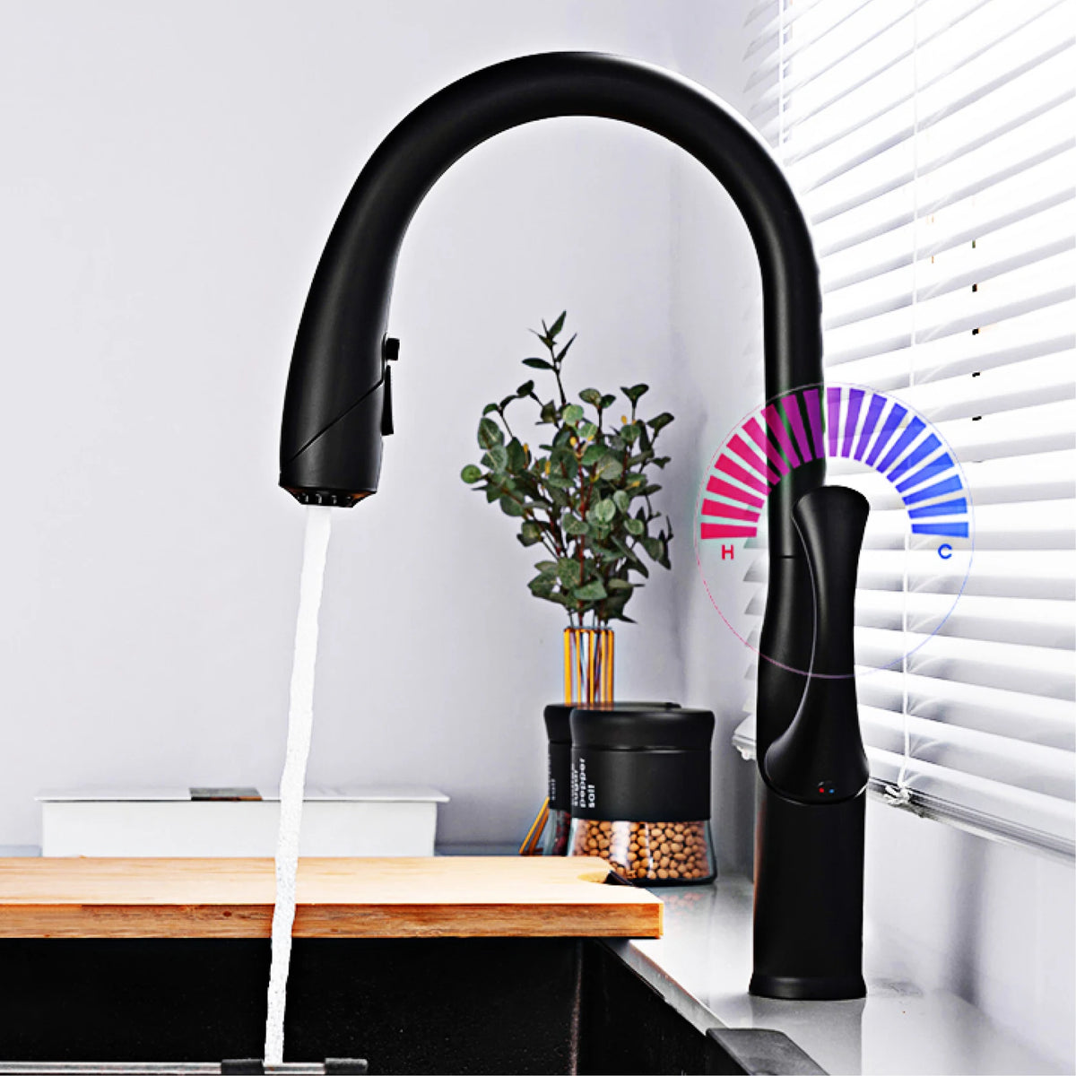 High-End Touch Black Faucet Brass Pull-Out Design Three-Function